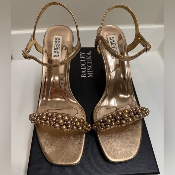 Badgley Mischka Caitlyn Pearly Ankle-Strap Sandals, Bronze, Size 7.5, $235 - Picture 1 of 7